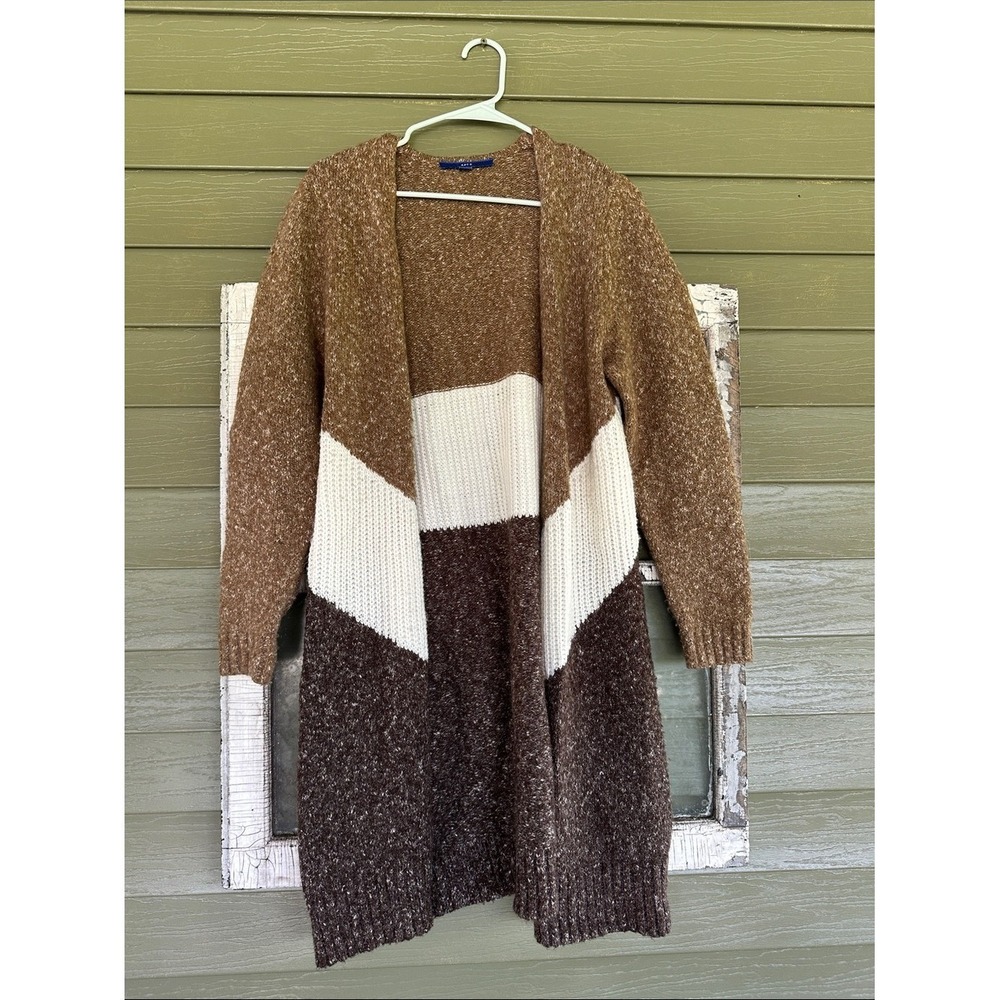 Apt 9 Womens Large Brown Colorblock Chevron Open Front Longline Cardigan Sweater